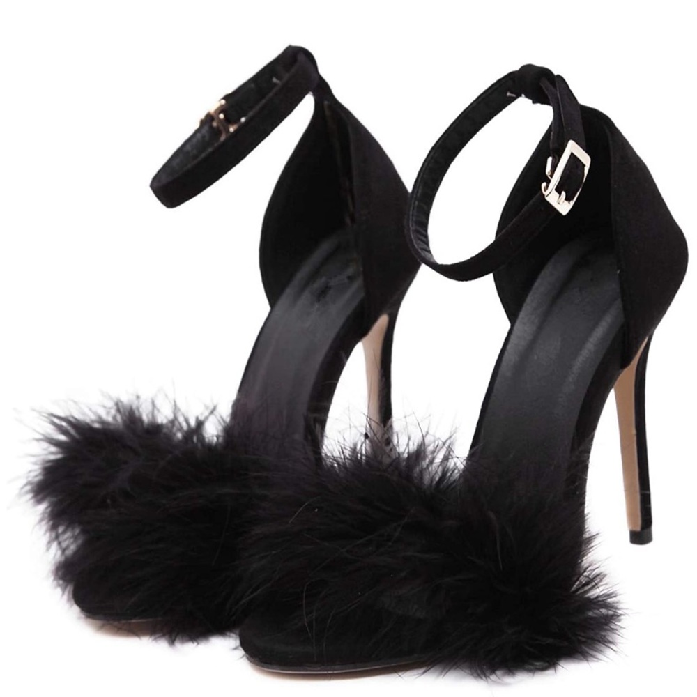 Black Feather Fuzzy Heels